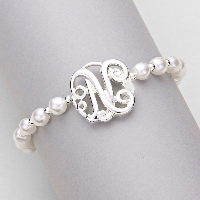 Mlbr 02230 N Monogram Charm Pearl Beaded Stretch Bracelet Mlbr 02230 N Monogram Charm Pearl Beaded Stretch Bracelet Guangzhou Jewelry Factory