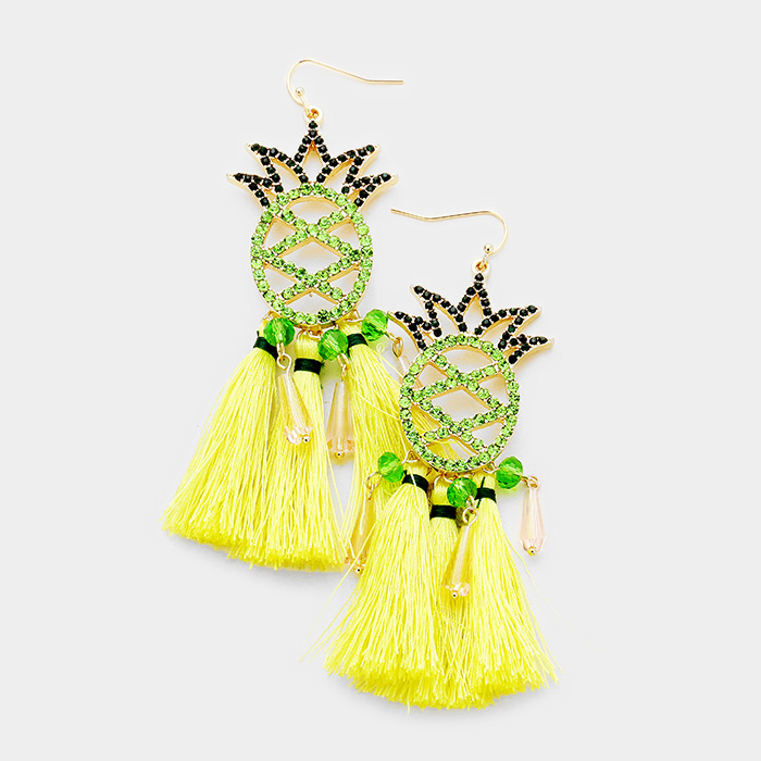 YME-06135-Pave Pineapple Triple Tassel Dangle Earrings Yiwu Jewelry Factory Fashion Accessories Manufacture Fashion Jewelry Supplier.