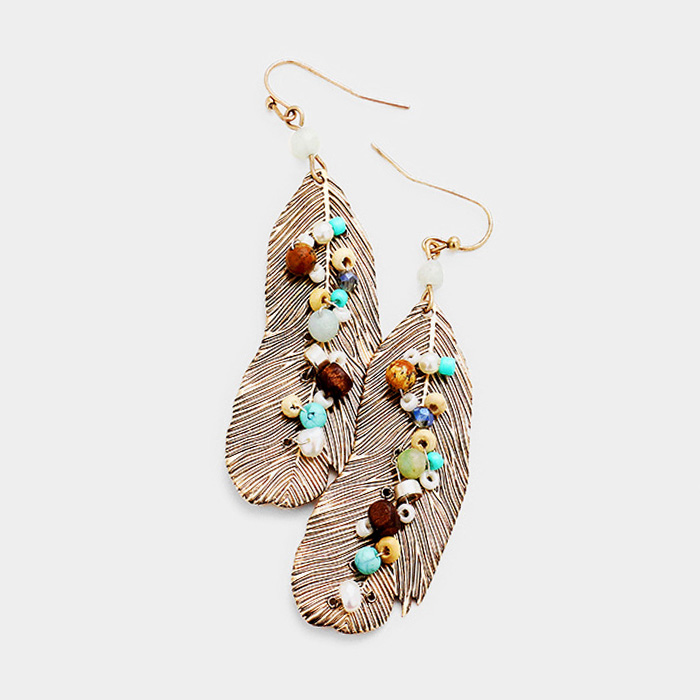 YME-06141-Multi Beaded Centered Metal Feather Dangle Earrings Yiwu Jewelry Factory Fashion Accessories Manufacture Fashion Jewelry Supplier.